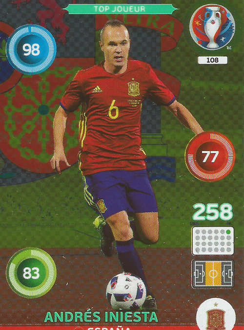 ANDRES INIESTA - PANINI `UEFA EURO 2016` COLLECTION -  `TOP JOUEUR` FOIL TRADING CARD 108
