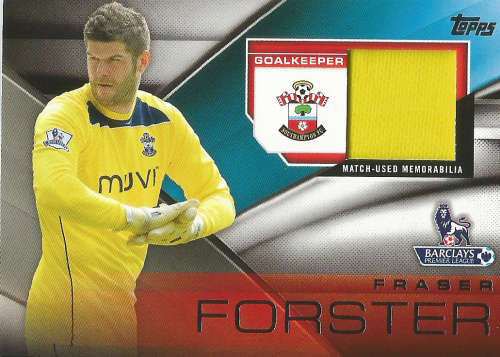 FRAZER FORSTER - TOPPS `PREMIER GOLD` 2014/15 - AUTHENTIC `CERTIFIED GAME USED JERSEY` CARD FFR-FF