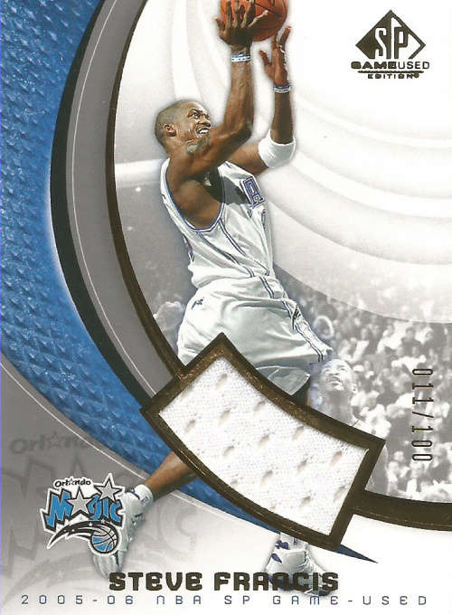 STEVE FRANCIS -  UD 2005 GAME USED "AUTHENTIC FABRICS" GAME APPAREL TRADING CARD 11 of 100