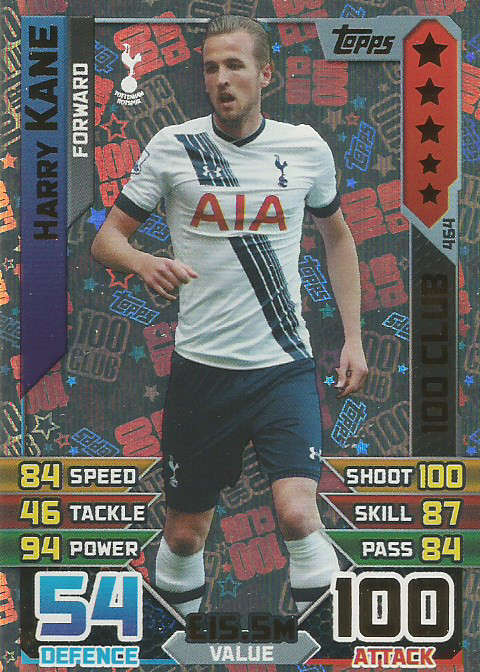 HARRY KANE - MATCH ATTAX 2015/2016 -  "CLUB 100" TRADING CARD 464