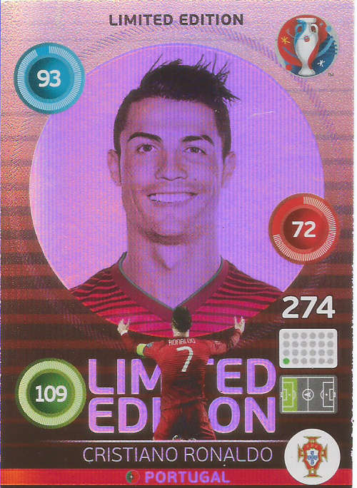 CRISTIANO RONALDO - EURO 2016 by PANINI - RARE `HERO GLOSS LIMITED EDITION` TRADING CARD