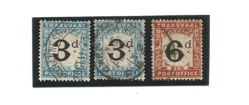 TRANSVAAL 1907 - POSTAGE DUE SACC  4 & 6 -  LOT OF 3 POSTAGE DUE STAMPS - USED