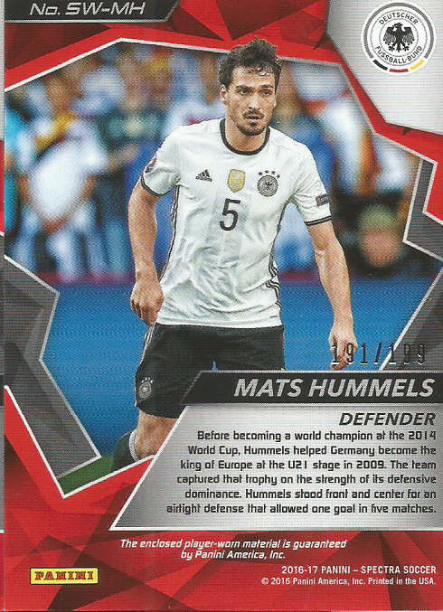 MATT HUMMELS - PANINI ` SPECTRA 2016/17`  - RARE `JERSEY MEMO PATCH` TRADING CARD 191 of 199