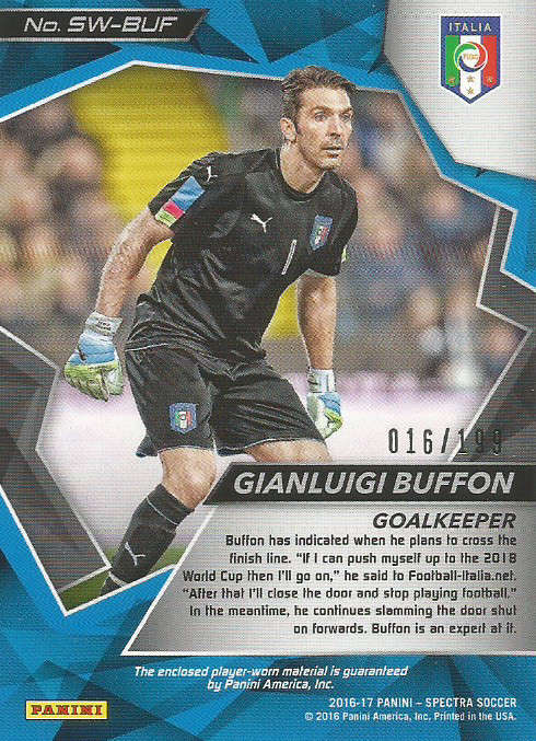 GIGI BUFFON - PANINI ` SPECTRA 2016/17`  - RARE `JERSEY MEMO PATCH` TRADING CARD 16 of 199