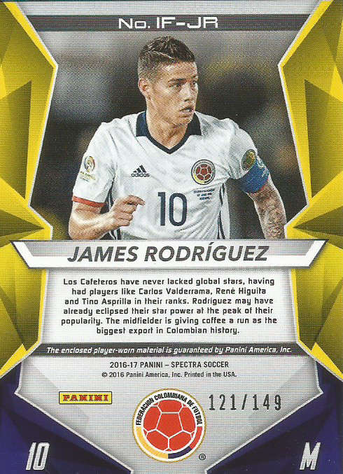 JAMES RODRIGUEZ - PANINI ` SPECTRA 2016/17`  - RARE `JERSEY MEMO PATCH` TRADING CARD 121 of 149