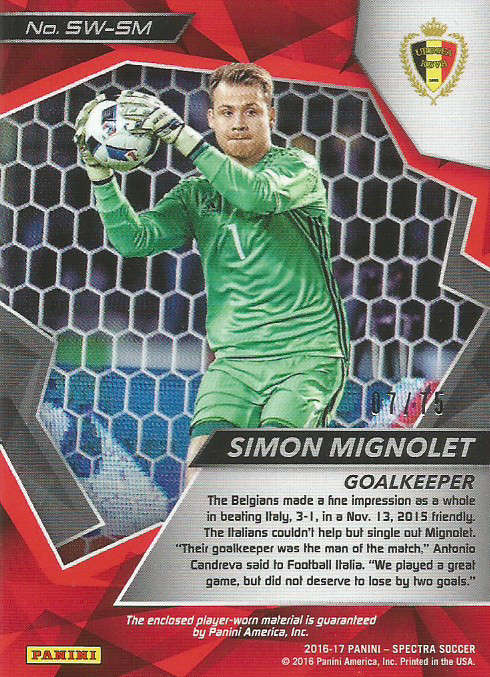SIMON MIGNOLET - PANINI ` SPECTRA 2016/17`  - RARE `JERSEY MEMO PATCH` TRADING CARD 7 of 75