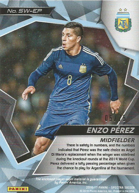 ENZO PEREZ (Argentina) - PANINI ` SPECTRA 2016/17`  - RARE `JERSEY MEMO PATCH` TRADING CARD 5 of 75