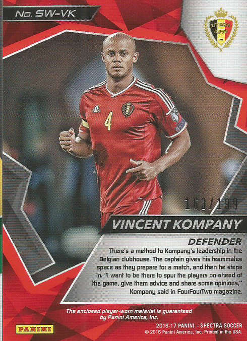 VINCENT KOMPANY - PANINI ` SPECTRA 2016/17`  - RARE `JERSEY MEMO PATCH` TRADING CARD 163 of 199