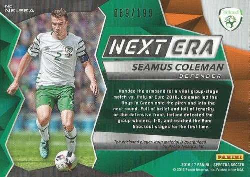 SEAMUS COLEMAN - PANINI ` SPECTRA 2016/17`  - RARE `JERSEY MEMO PATCH` TRADING CARD 89 of 199