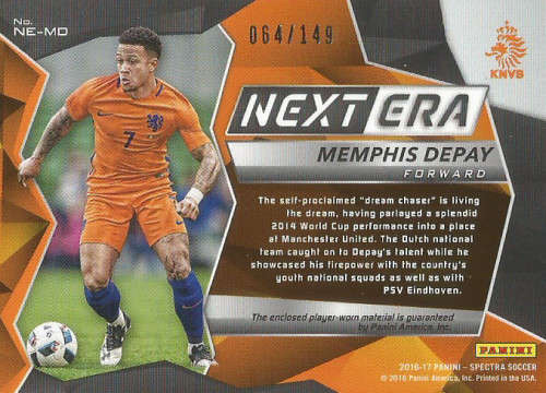 MENPHIS DEPAY - PANINI ` SPECTRA 2016/17`  - RARE `JERSEY MEMO PATCH` TRADING CARD 64 of 149
