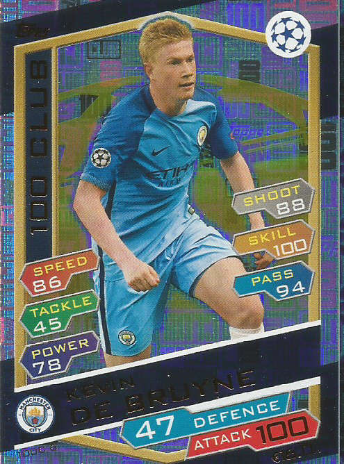 KEVIN DE BRUYNE - TOPPS  CHAMPIONS LEAGUE 2016/17 - RARE `CLUB 100` FOIL TRADING CARD