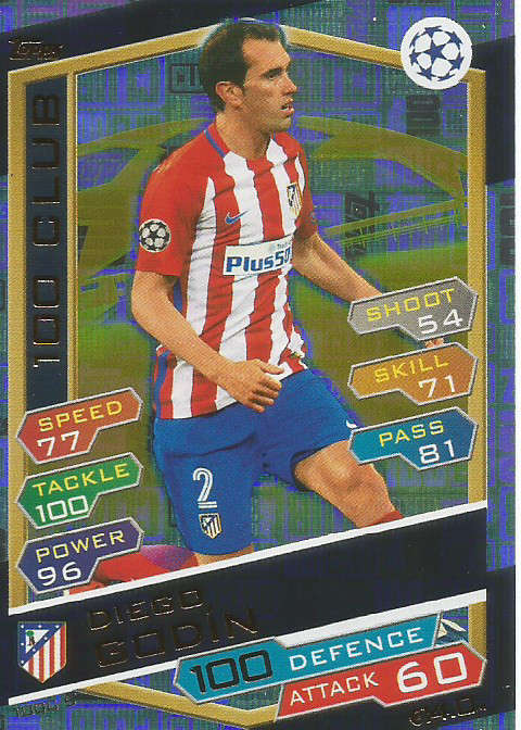 DIEGO GODIN - CHAMPIONS LEAGUE 2016/17 - RARE "CLUB 100" FOIL TRADING CARD