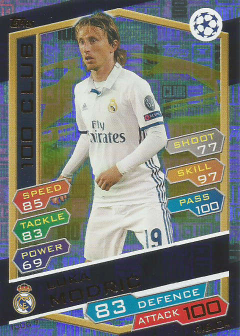 LUKA MODRIC - TOPPS `CHAMPIONS LEAGUE` 2016/17 - RARE `CLUB 100` FOIL TRADING CARD