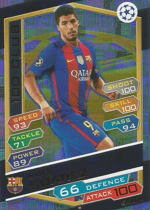 LUIS SUAREZ - CHAMPIONS LEAGUE 2016/17 - RARE "CLUB 100" FOIL TRADING CARD