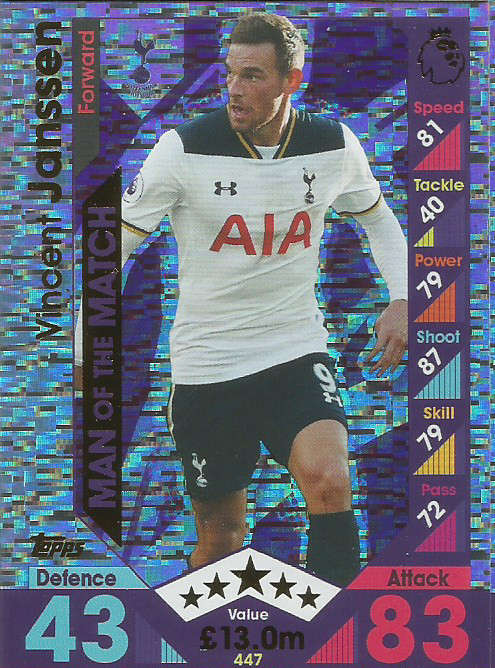 VINCENT JANSSEN - MATCH ATTAX 2016/2017 - "MAN of the MATCH" FOIL CARD