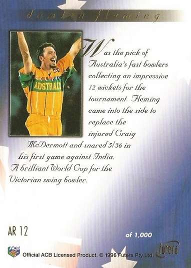 DAMIEN FLEMING - FUTERA 1996 CRICKET WORLD CUP  - "GOLD RETROSPECTIVE" CARD AR12 - Unumbered of 1000