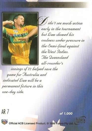 STUART LAW - FUTERA 1996 CRICKET WORLD CUP  - "GOLD RETROSPECTIVE" CARD AR7 - Unnumbered of 1000