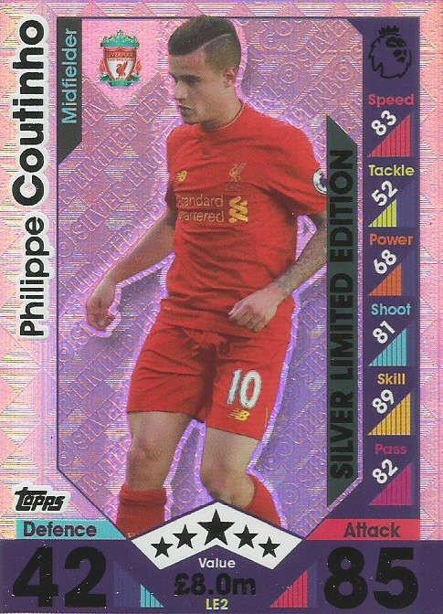 PHILLIPE COUTINHO - MATCH ATTAX 2016/2017 - SILVER "LIMITED EDITION" FOIL CARD