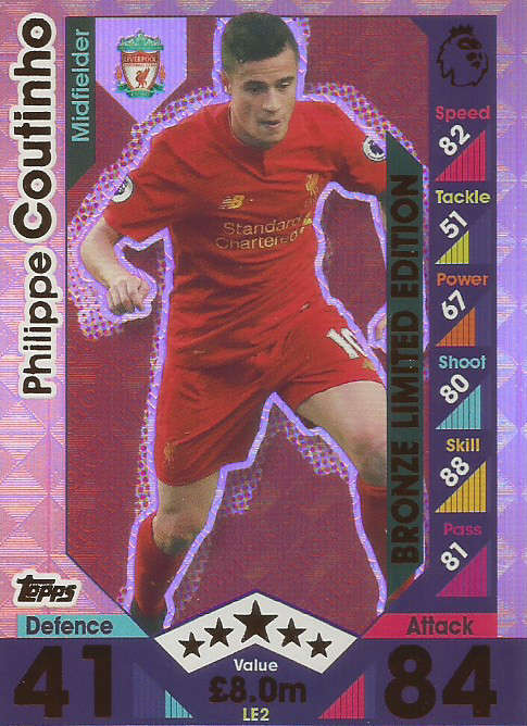 PHILLIPE COUTINHO - MATCH ATTAX 2016/2017 - BRONZE "LIMITED EDITION" FOIL CARD