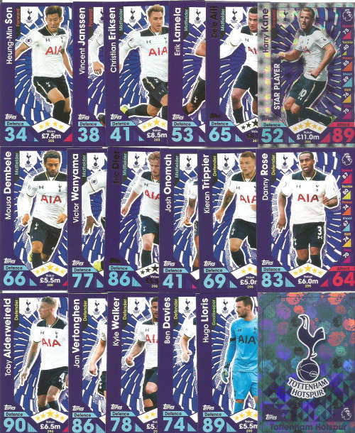 TOTTENHAM HOTSPURS - MATCH ATTAX 2016/2017 - COMPLETE 18 TRADING CARD SET - Incl. FOILS