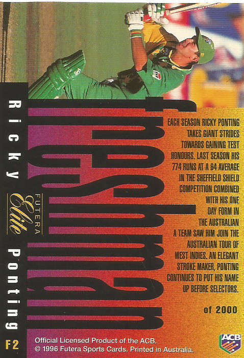 RICKY PONTING - 1996 FUTERA CRICKET PREMIUM ELITE COLLECTION  - "RARE" "FRESHMAN" CARD F2 -UNUMBERED
