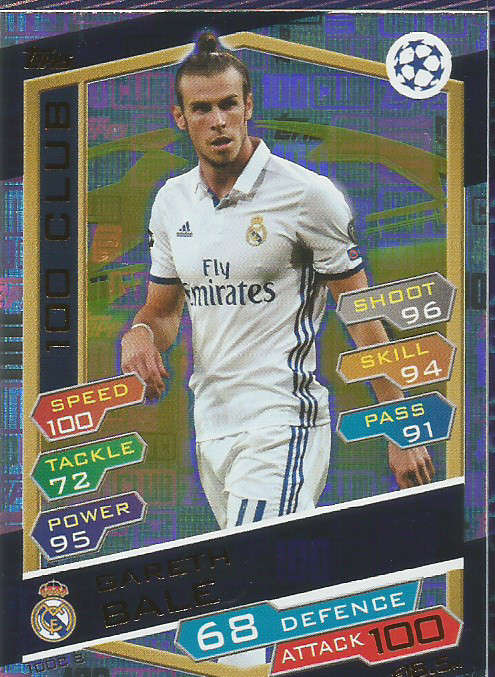 GARETH BALE - CHAMPIONS LEAGUE 2016/17 - RARE "CLUB 100" FOIL TRADING CARD