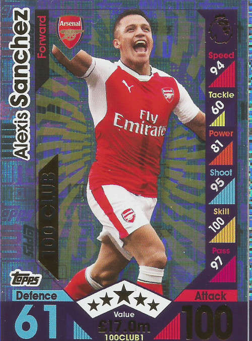 ALEXIS SANCHEZ - MATCH ATTAX EXTRA 2017 - RARE "CLUB 100" FOIL TRADING CARD