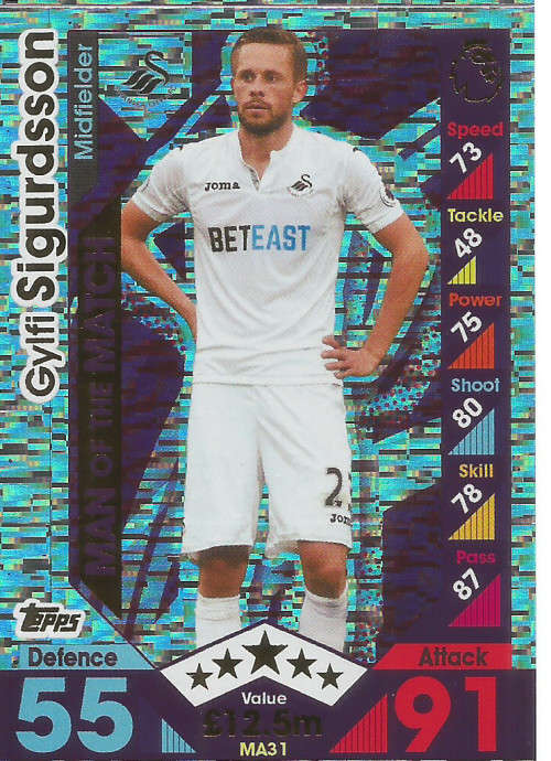 GYLFI SIGURDSSON - MATCH ATTAX "EXTRA" 2017 - "MAN of the MATCH" FOIL CARD