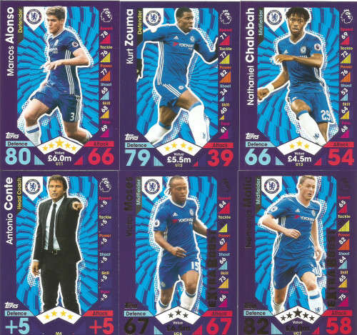 CHELSEA FC - MATCH ATTAX ËXTRA" 2017 - COMPLETE 6 TRADING CARD SET