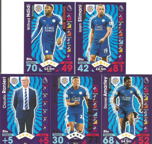 LEICESTER CITY FC - MATCH ATTAX "EXTRA" 2017 - COMPLETE 5 TRADING CARD SET