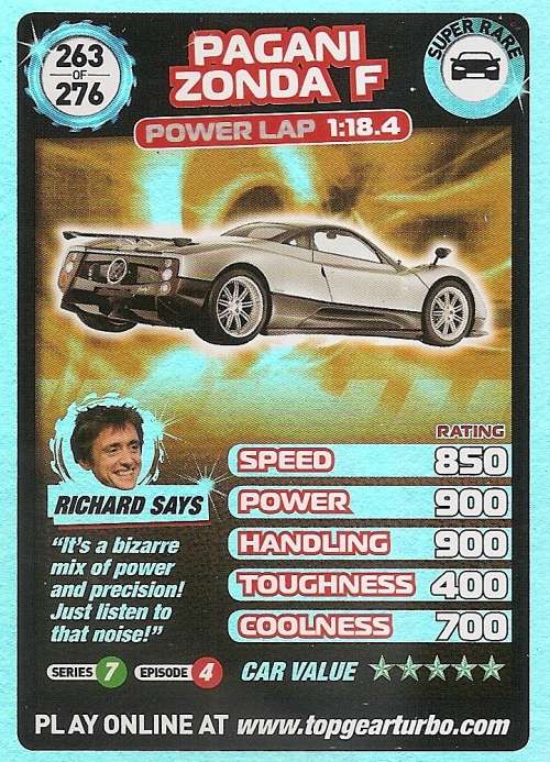 TOP GEAR TURBO CHALLENGE - PAGANI ZONDA F `SUPER RARE` TRADING CARD 263