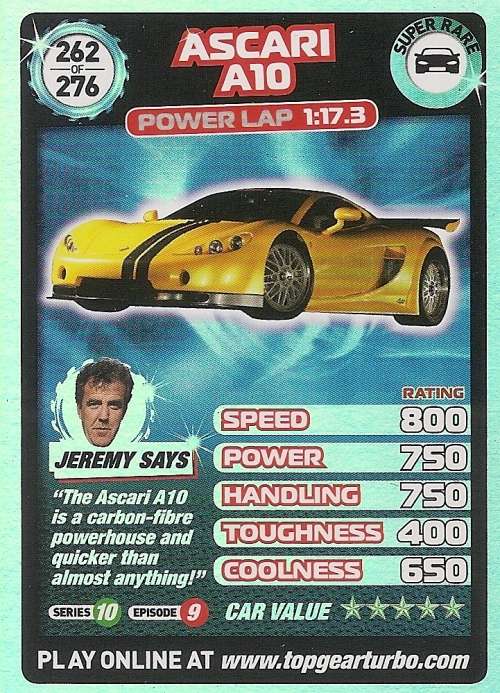 TOP GEAR TURBO CHALLENGE - ASCARI A10 `SUPER RARE` TRADING CARD 262