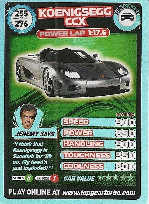 TOP GEAR TURBO CHALLENGE - KOENIGSEGG CCX "SUPER RARE" TRADING CARD 255
