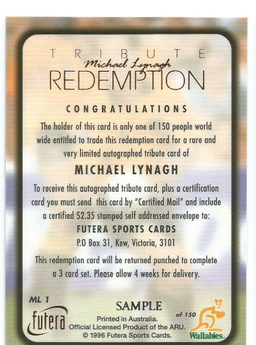 MICHAEL LYNACH - `FUTERA 1996 RUGBY COLLECTION` - TRIBUTE `SAMPLE` FOIL REDEMPTION CARD ML1