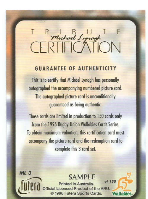MICHAEL LYNACH - `FUTERA 1996 RUGBY COLLECTION` - TRIBUTE `SAMPLE` FOIL REDEMPTION CARD ML3