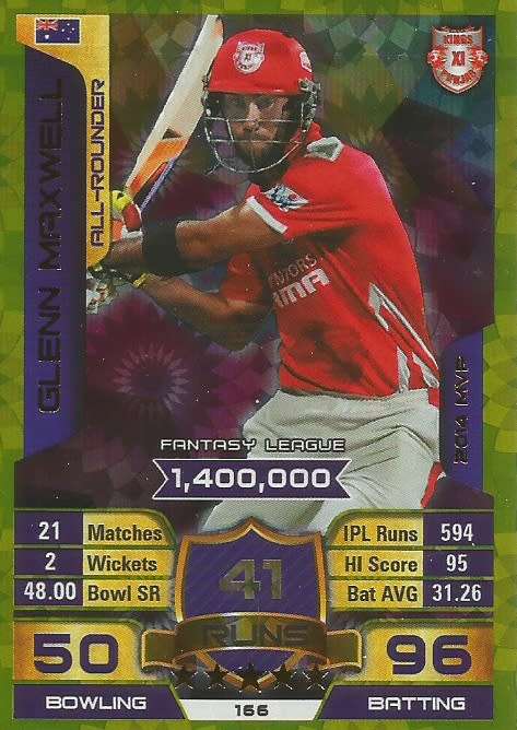GLEN MAXWELL - IPL CRICKET ATTAX 2015/16 - "CLUB 100 MVP" GOLD TRADING CARD 166