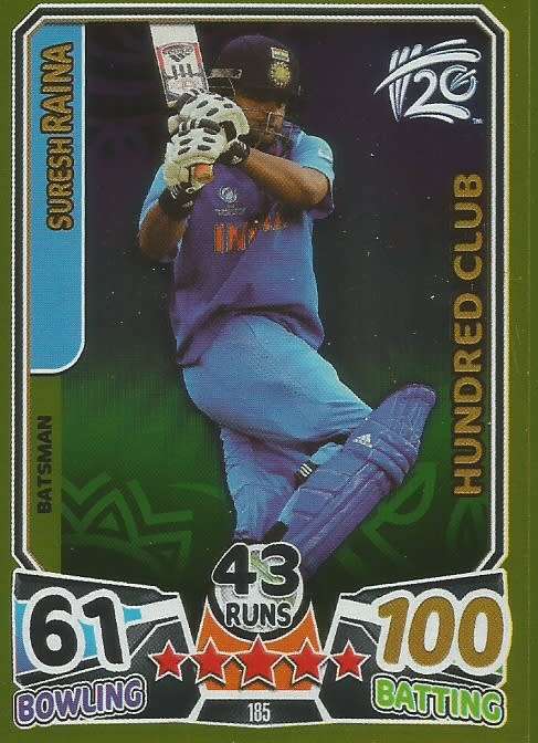 SURESH RAINA - ICC CRICKET T20 WORLD CUP 2014 -  RARE `CLUB 100` TRADING CARD 185