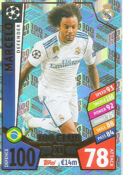 MARCELO - TOPPS CHAMPIONS LEAGUE 2017/18 -  RARE "CLUB 100"  TRADING CARD 421