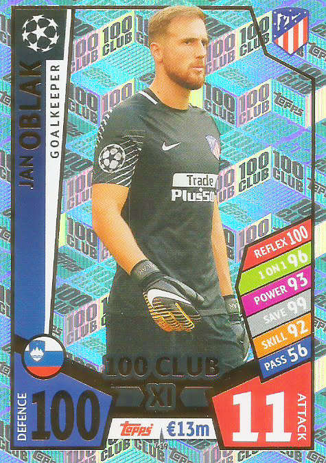 JAN OBLAK - TOPPS CHAMPIONS LEAGUE 2017/18 -  RARE "CLUB 100"  TRADING CARD 419