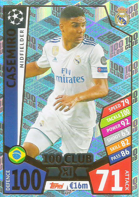 CASEMIRO - TOPPS CHAMPIONS LEAGUE 2017/18 -  RARE "CLUB 100"  TRADING CARD 425