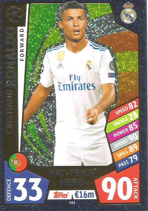 CRISTIANO RONALDO - CHAMPIONS LEAGUE 2017/18 - RARE `HAT TRICK HERO`  TRADING CARD 441