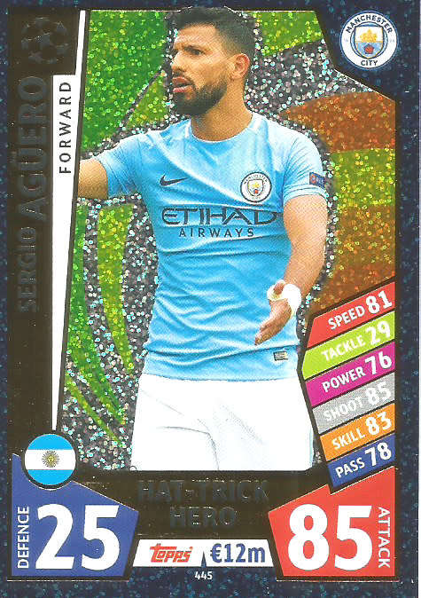 SERGIO AGUERO - TOPPS CHAMPIONS LEAGUE 2017/18 -  RARE "HAT TRICK HERO"  TRADING CARD 445