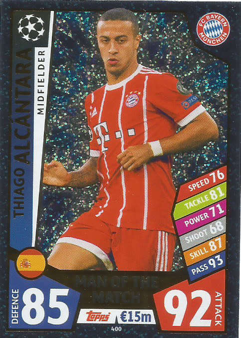 THIAGO ALCANTARA - CHAMPIONS LEAGUE 2017/18 - TOPPS - "MAN of the MATCH" FOIL  TRADING CARD 400