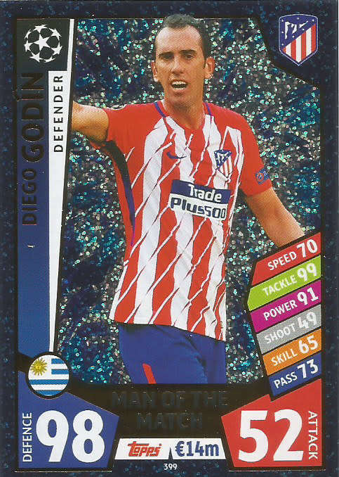 DIEGO GODIN - CHAMPIONS LEAGUE 2017/18 - TOPPS - "MAN of the MATCH" FOIL  TRADING CARD 399