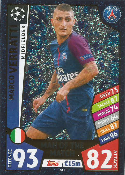 MARCO VERATTI - TOPPS CHAMPIONS LEAGUE 2017/18 - "MAN of the MATCH" FOIL  TRADING CARD 411