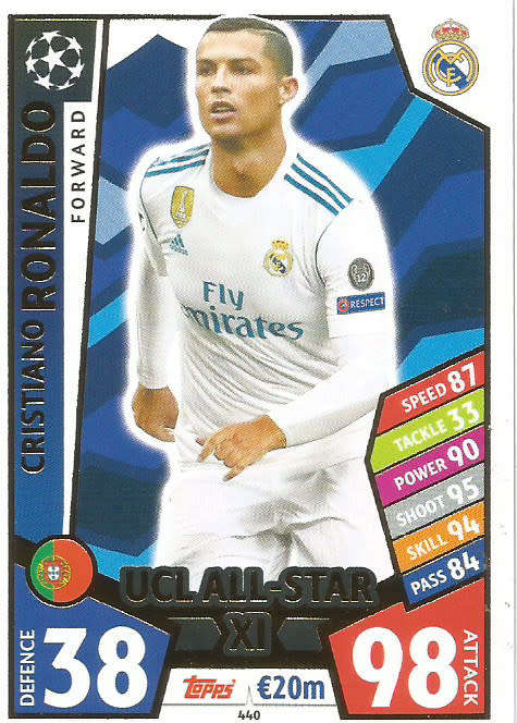 CRISTIANO RONALDO - TOPPS `CHAMPIONS LEAGUE` 2017/18 -  `UCL ALL STAR XI` FOIL TRADING CARD 440
