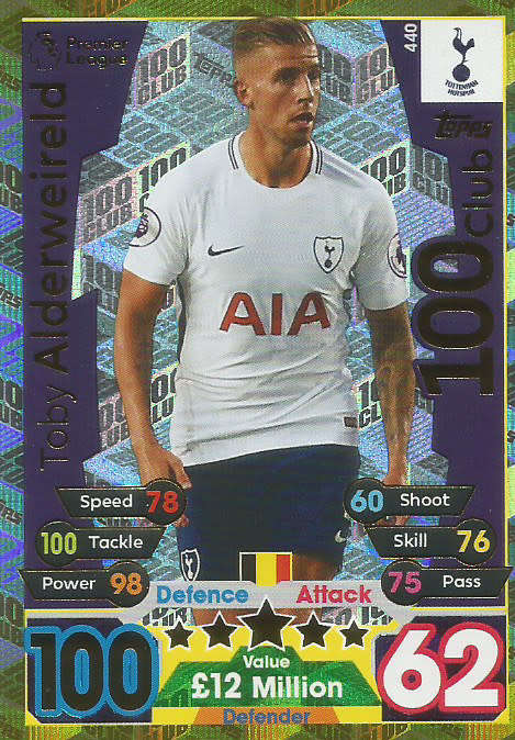 TOBY ALDERWEIRELD - MATCH ATTAX 2017/18 - GOLD "CLUB 100" TRADING CARD 440