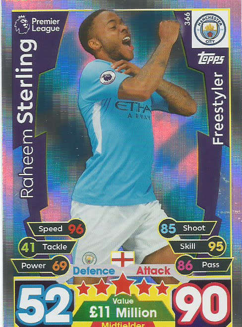 RAHEEM STERLING  - MATCH ATTAX 2017/18 - SILVER "FREESTYLER" TRADING CARD 366