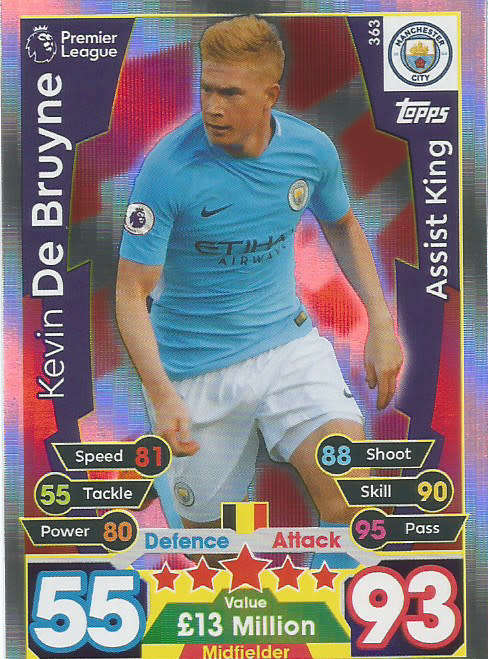 KEVIN DE BRUYNE  - TOPPS `MATCH ATTAX 2017/18` - SILVER `ASSIST KING` TRADING CARD 363