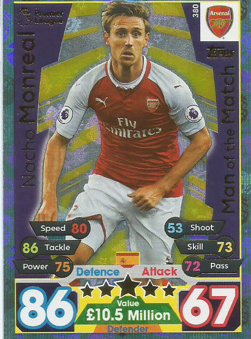 NACHO MONREAL  - MATCH ATTAX 2017/18 - GOLD "MAN of the MATCH" TRADING CARD 380